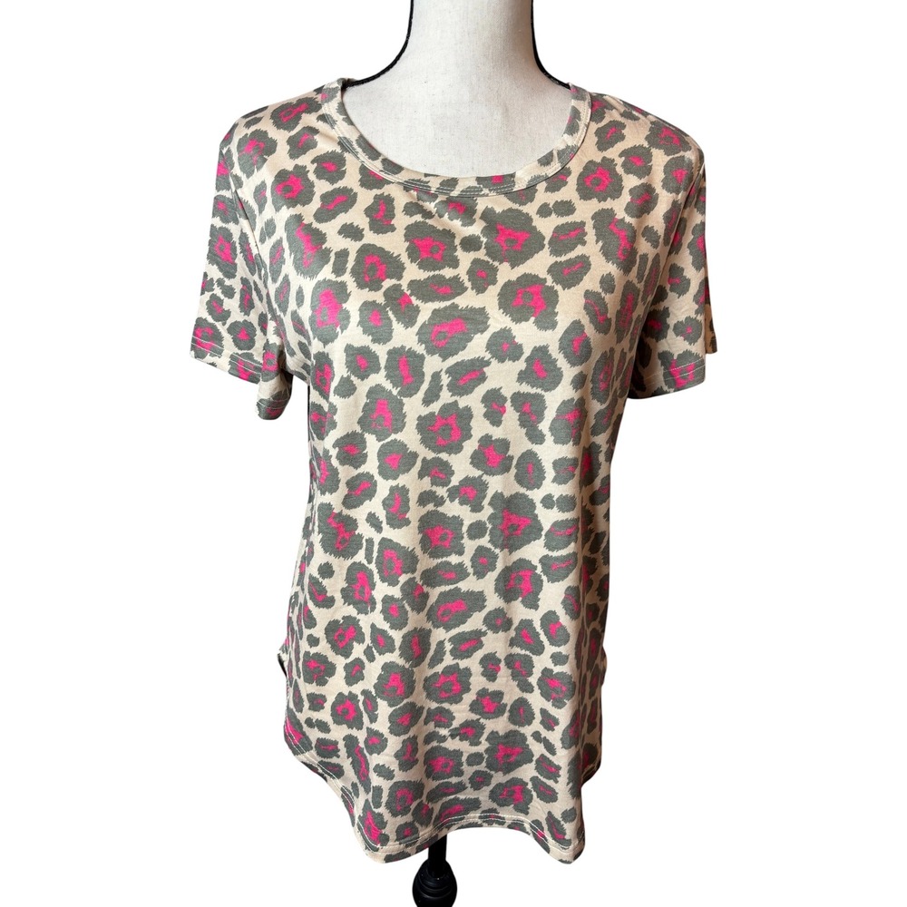 Crazy Train Womens Pink Leopard Animal Print Short Sleeve T-Shirt Size Small NWT
